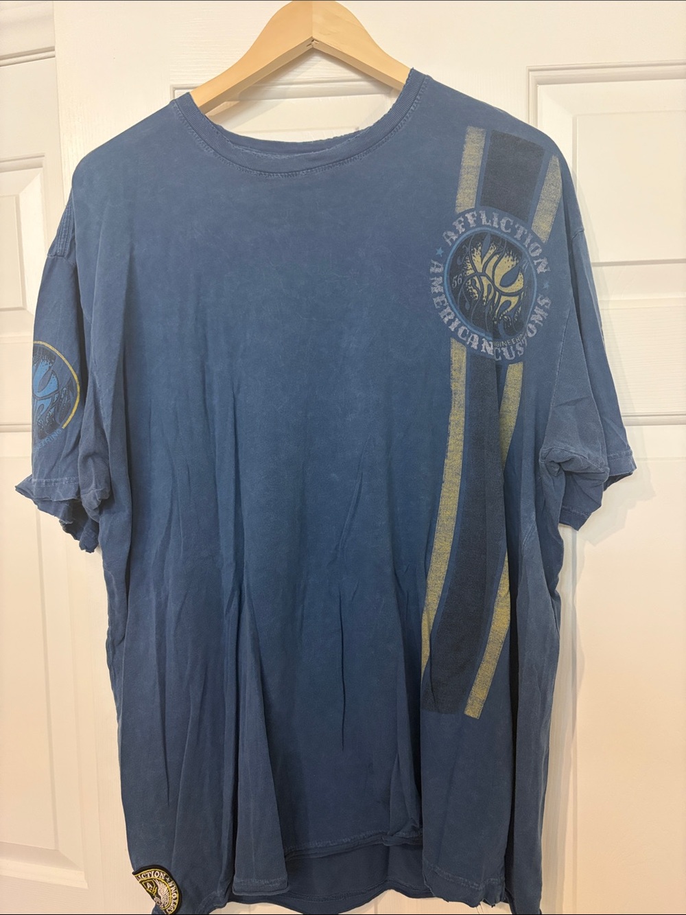 Affliction Vintage-Style Blue Short Sleeve Tee with Gold Accents
